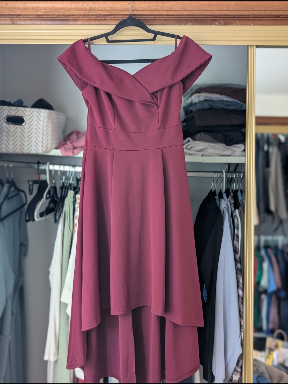 Off-Shoulder High-Low Burgundy Dress